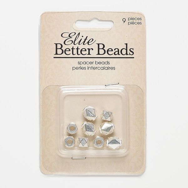 Bead, silver-finished "pewter" (zinc-based alloy), 8x6mm faceted rondelle with 3mm hole and 10x8mm faceted square tube with diamond and circle design with 3mm hole. Sold per pkg of 9. image number 0