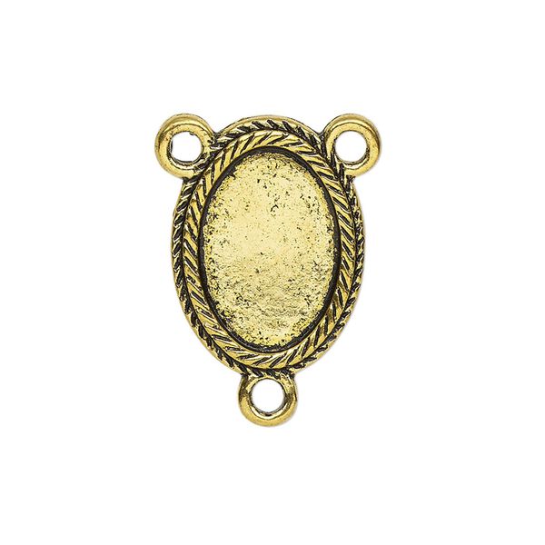 Connector, antique gold-finished "pewter" (zinc-based alloy), 21x15.5mm double-sided oval rosary with double rope design and 16.5x11.5mm non-calibrated oval cabochon glue-in setting. Sold per pkg of 4. image number 0