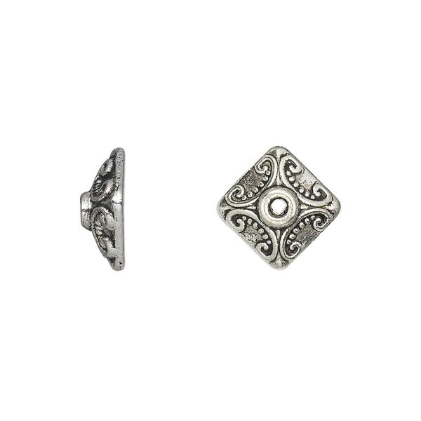 Bead cap, antique silver-plated "pewter" (zinc-based alloy), 11x5mm square, fits 8-12mm bead. Sold per pkg of 20. image number 0