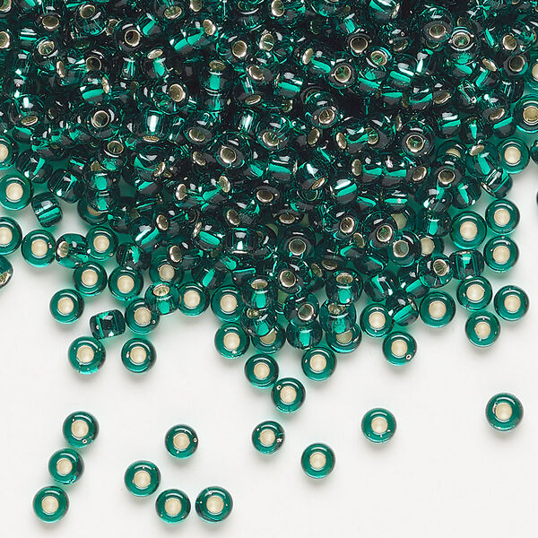 Seed bead, Miyuki, glass, pkg/50g, #8 rocaille, transparent silver-lined emerald green (RR-17). image number 0