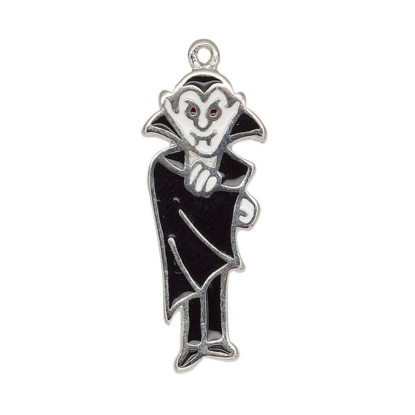 Charm, enamel and silver-plated "pewter" (zinc-based alloy), black / white / red, 32x13mm single-sided vampire. Sold individually. image number 0