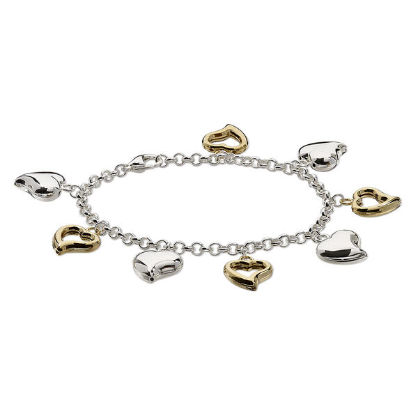 Bracelet, gold- / silver-plated steel / brass, 14mm puffed and open heart, 7 inches with lobster claw clasp. Sold individually. image number 0