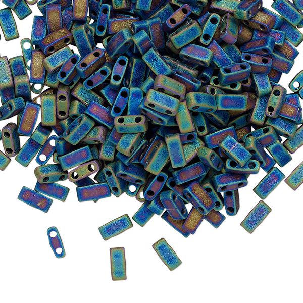 Seed bead, TILA®, glass, pkg/40g, 5x2.3mm half tila rectangle, opaque matte rainbow black, (HTL-401FR). image number 0