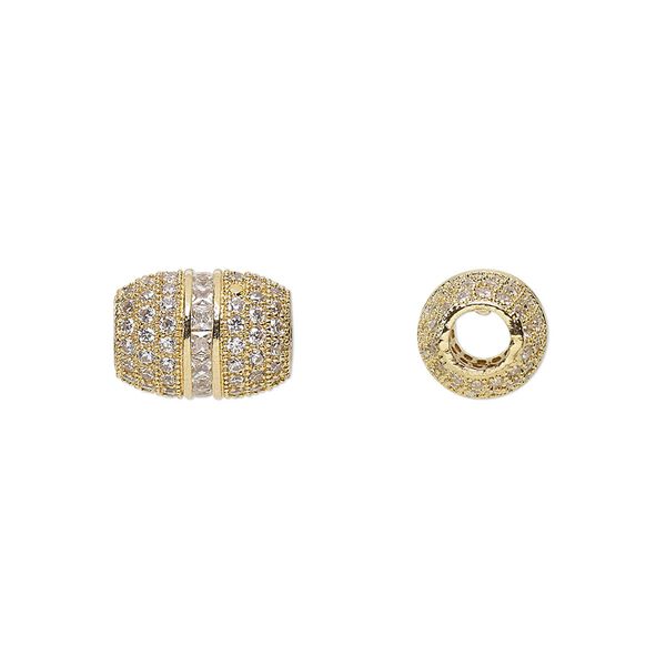 Bead, glass rhinestone and gold-finished brass, clear, 12x8.5mm barrel. Sold individually. image number 0