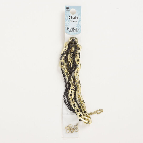 Chain and finding assortment, black-finished and gold-finished "pewter" (zinc-based alloy), mixed sizes. Sold per 10-piece set. image number 0