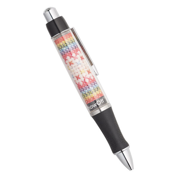 Pen, SHOWOFF PEN®, plastic / brass / steel / silicone, black and clear, 5-1/2 inches with 61x44mm insert. Sold individually. image number 0