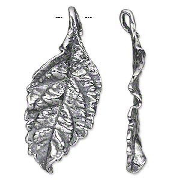 Focal, antiqued silver-plated pewter (tin-based alloy), 47.5x21mm single-sided textured leaf. Sold individually. image number 0