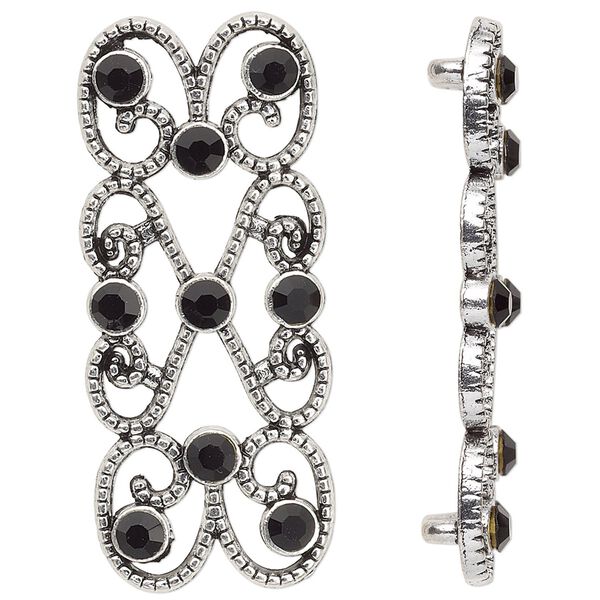 Spacer, antique silver-plated "pewter" (zinc-based alloy) and Czech glass rhinestone, black, 39x18mm 2-strand fancy rectangle. Sold per pkg of 4. image number 0