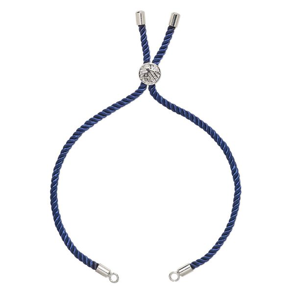 Bracelet component, nylon and imitation rhodium-finished "pewter" (zinc-based alloy), cobalt, 3mm wide, 8-3/4 inches with 9mm flat round adjustable slider bead with tree of life design and 2 open loops. Sold individually. image number 0