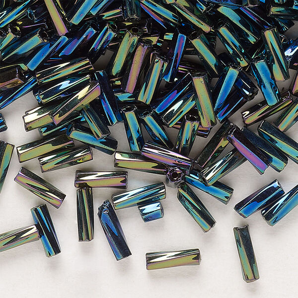 Bead, Preciosa Ornela Czech glass, bugle bead, pkg/50g, #3 twisted, green iris opaque black, (59155). image number 0