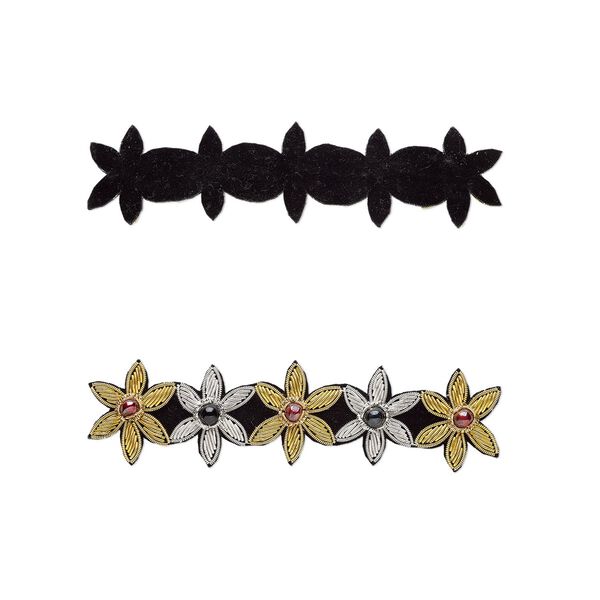 Sew-on component, velveteen / glass / gold- and silver-finished copper French wire, black and red, 5-1/2 x 1-1/2 inch 5 flowers. Sold individually. image number 0