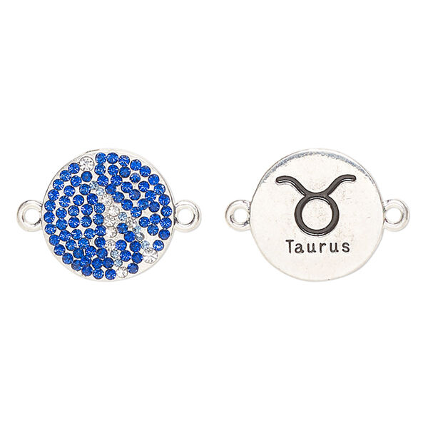 Link, "pewter" (zinc-based alloy)/enamel/cubic zirconia, pkg/1, antique silver finish and mixed colors, 20mm round 2-sided with "Taurus" and zodiac symbol. image number 0