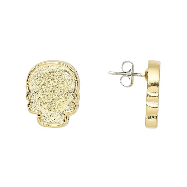 Earstud 1pkg2 Almost Instant Jewelry® "pewter" (zinc-based alloy) gold-plated, 16x13mm skull / 14x10.5mm flat back skull glue-in setting / earnuts, stainless steel 1 pair image number 0