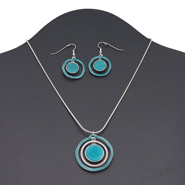 Necklace and earring set, druzy (imitation) / enamel / silver-finished brass / "pewter" (zinc-based alloy), aqua blue, 36mm open round, 16 inches with 3-inch extender chain and lobster claw clasp, 43mm with open round and fishhook ear wire. Sold per set. image number 0