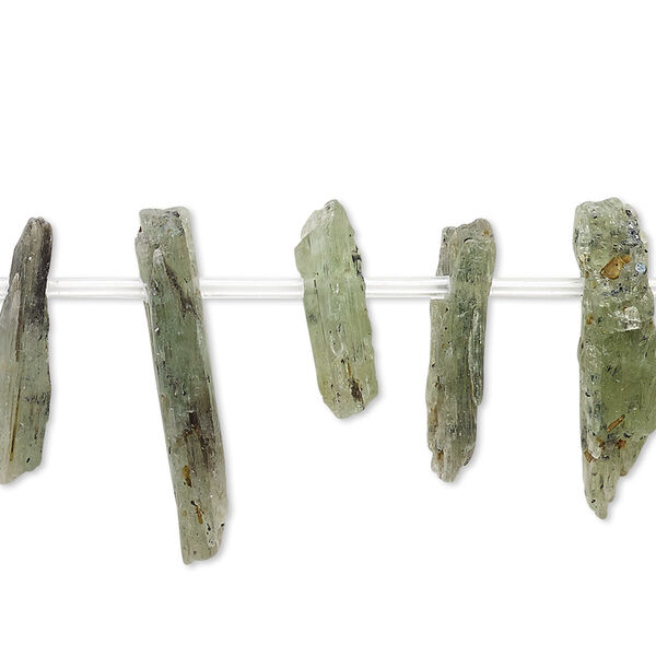 Bead, green kyanite (natural), 15x3mm-25x7mm hand-cut top-drilled stick, C- grade, Mohs hardness 4 to 7-1/2. Sold per 8-inch strand, approximately 20 beads. image number 0