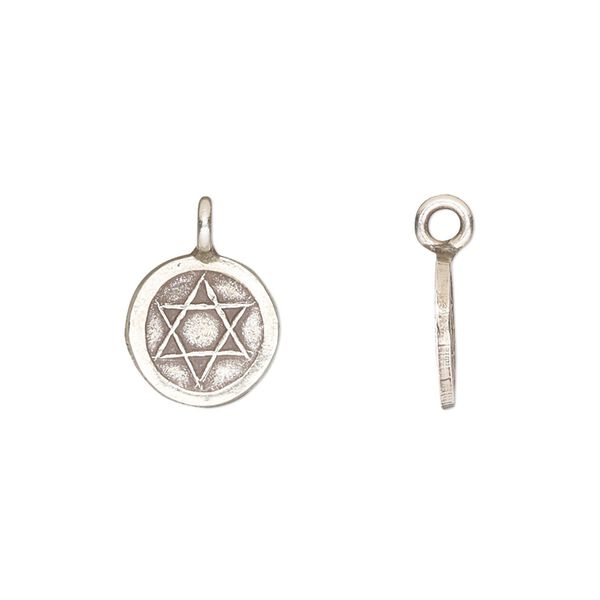 Drop, Hill Tribes, antiqued fine silver, 11mm single-sided round with Star of David design. Sold individually. image number 0