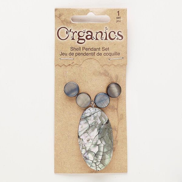 Bead, mother-of-pearl shell / resin (dyed / assembled) / steel, grey, 10mm flat round and 39x21mm-40x23mm puffed oval. Sold per 5-piece set. image number 0