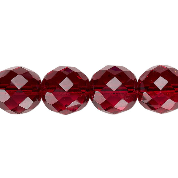 Bead, Czech fire-polished glass, pkg/15-1/2 to 16 inches, 12mm faceted round, transparent garnet red, (90110). image number 0