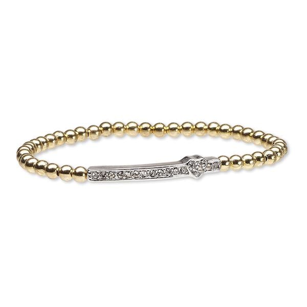 Bracelet, stretch, Czech glass rhinestone / gold-finished brass / imitation rhodium-plated "pewter" (zinc-based alloy), clear, 6mm wide with 33x6mm rectangle and heart, 6-1/2 inches. Sold individually. image number 0