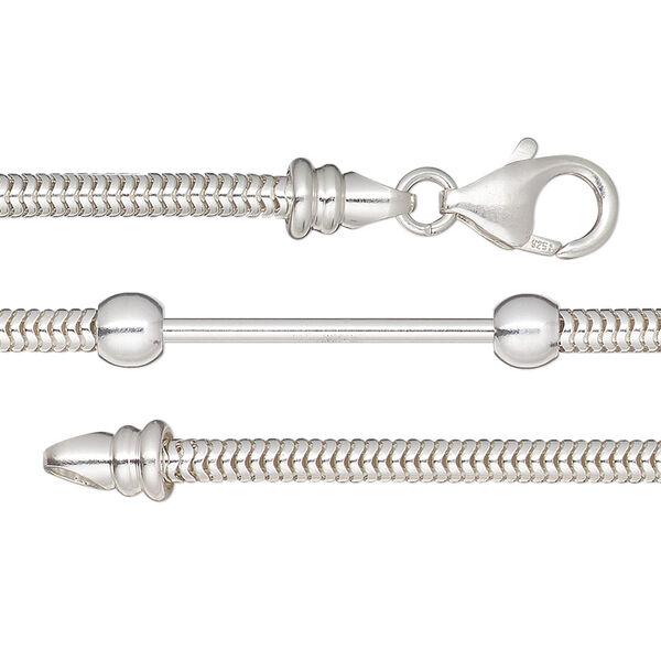 Chain, sterling silver, 3mm snake, 8 inches lobster claw clasp, (2) twist-off ball end and end caps with 22x1.6mm bar. Sold individually. image number 0