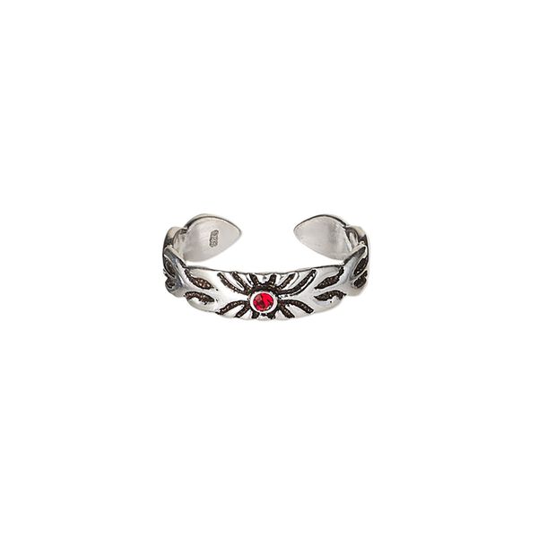 Toe ring, Create Compliments®, antiqued sterling silver and crystal, red, 4mm wide with sun design, adjustable. Sold individually. image number 0
