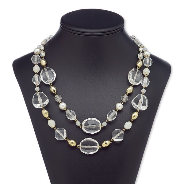 Necklace, glass / acrylic / acrylic pearl / gold-coated plastic / gold-finished steel, clear AB and clear, 18 inches with 2-1/2 inch extender chain and lobster claw clasp. Sold individually. image number 0
