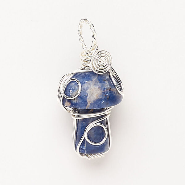 Focal, copper and sodalite (natural), pkg/1, 34x15mm-34x16mm wire-wrapped mushroom, silver finish. image number 0