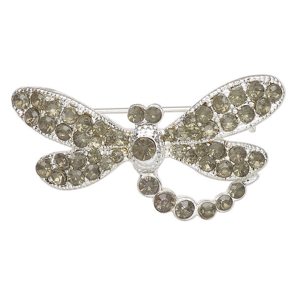 Brooch, silver-finished brass and glass, green, 37x19mm dragonfly. Sold individually. image number 0