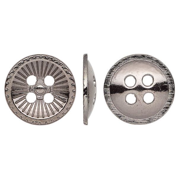 Button, gunmetal-finished "pewter" (zinc-based alloy), 18mm single-sided corrugated round. Sold per pkg of 20. image number 0