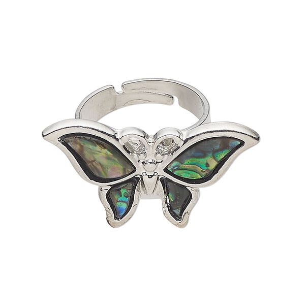 Ring 1pkg1 "pewter" (zinc-based alloy) / steel / paua shell, 30x17mm-30x18mm butterfly, silver finish natural image number 0
