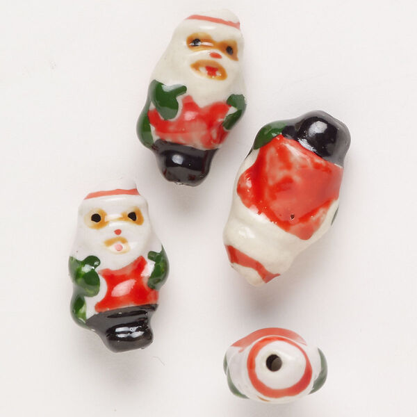 Bead, porcelain, multicolored, 23x13mm-25x15mm Santa Claus. Sold per pkg of 4. image number 0