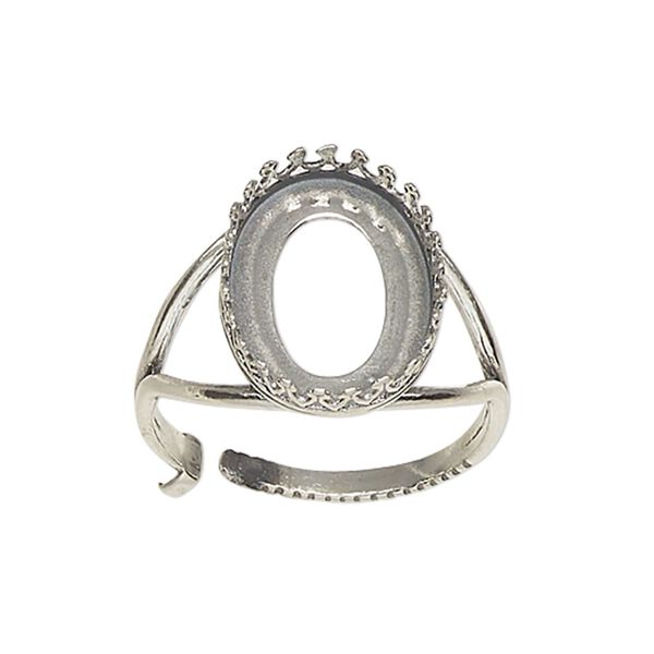 Ring, JBB Findings, antiqued sterling silver, 19mm wide with decorative trim and 18x13mm oval bezel setting, adjustable from size 8-11. Sold individually. image number 0