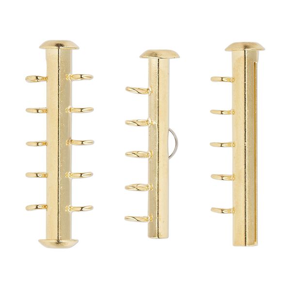 Clasp, 5-strand slide lock, gold-plated brass, 31x6mm round tube. Sold per pkg of 4. image number 0
