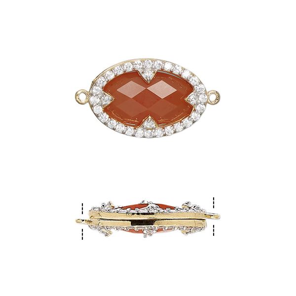 Link, carnelian (dyed / heated) / cubic zirconia / gold-finished sterling silver, clear, 18x12mm double-sided faceted oval. Sold individually. image number 0