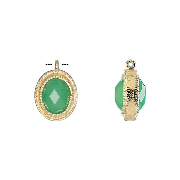 Drop, chalcedony (dyed) and gold-finished sterling silver, sea green 13x11mm double-sided faceted oval. Sold individually. image number 0
