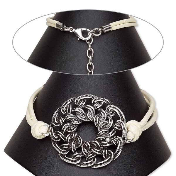 Bracelet, 2-strand, waxed cotton cord with antique silver-plated steel and "pewter" (zinc-based alloy), white, 38mm round knot, 7-1/2 inches with 2-inch extender chain and lobster claw clasp. Sold individually. image number 0