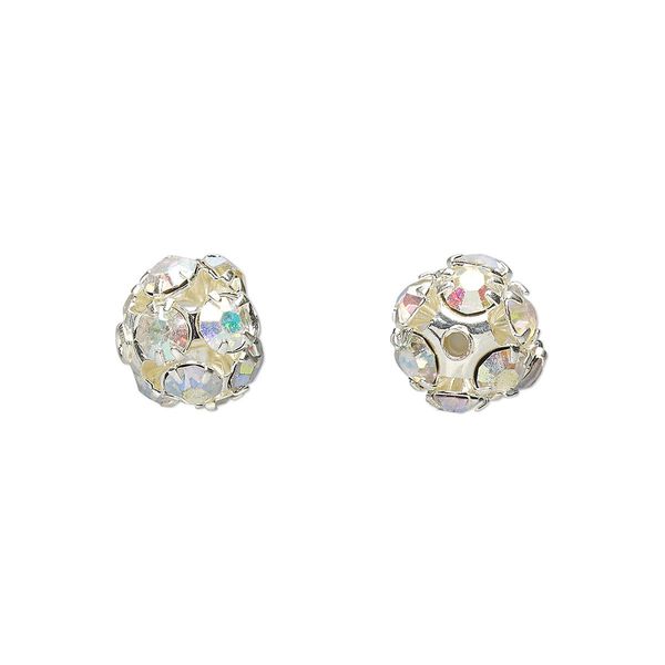 Bead, Egyptian crystal rhinestone and imitation rhodium-plated brass, clear AB, 8mm round. Sold per pkg of 6. image number 0