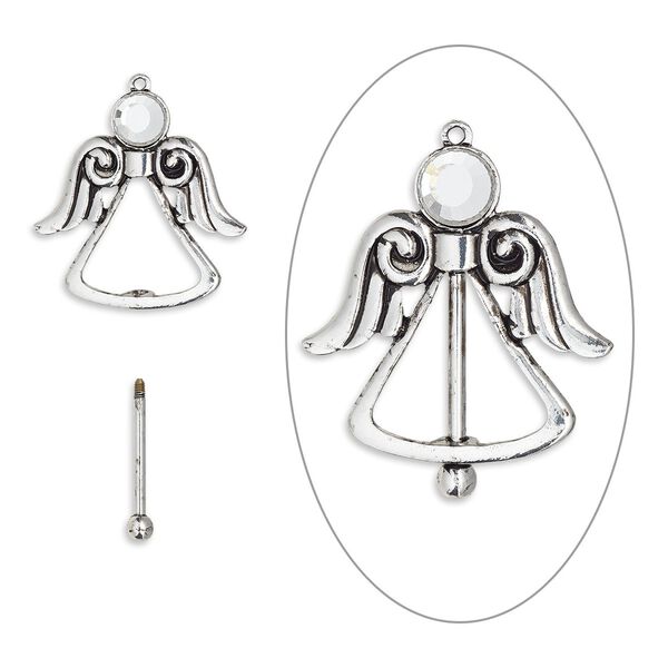 Focal, bead pin, glass rhinestone / antique silver-finished brass / "pewter" (zinc-based alloy), clear, 44.5mm single-sided angel with twist-off top, 24mm beadable length. Sold individually. image number 0