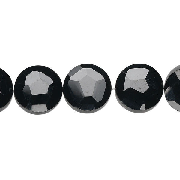 Black onyx 1pkg5, hand-cut faceted flat round bead 12mm image number 0