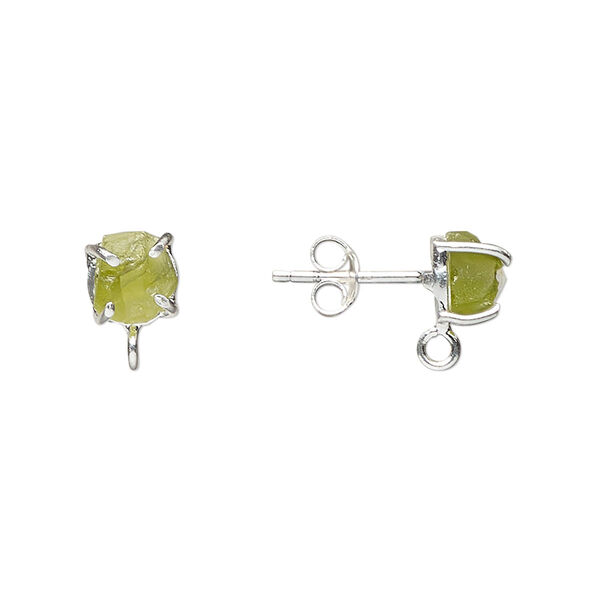 Ear stud, sterling silver and peridot (natural), 5-7mm rough nugget with closed loop. Sold per pair. image number 0