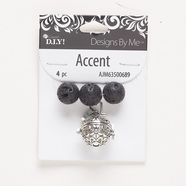 "Pewter" (zinc-based alloy) / steel / lava rock 1pkg4, silver-finished hinged round locket / cutout flower / round bead natural, 33x20mm / 14.5mm image number 0