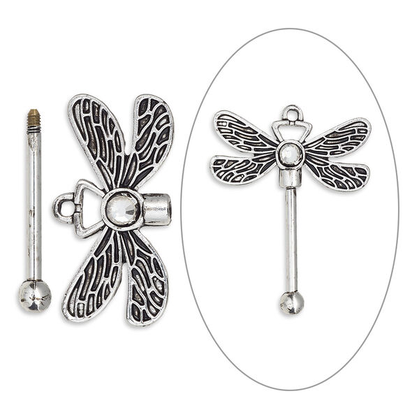 Focal, bead pin, glass rhinestone / antique silver-finished brass / "pewter" (zinc-based alloy), clear, 48x38.5mm single-sided dragonfly with twist-off top, 24.5mm beadable length. Sold individually. image number 0