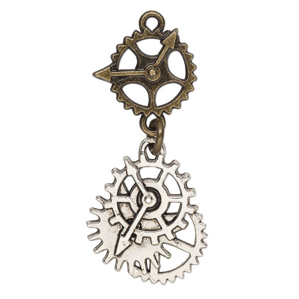Focal, antique brass- / silver-finished "pewter" (zinc-based alloy) / steel, 41.5x19mm single-sided with gears. Sold individually. image number 0