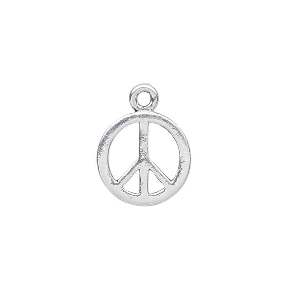Charm, antique silver-plated "pewter" (zinc-based alloy), 14mm peace sign. Sold per pkg of 10. image number 0