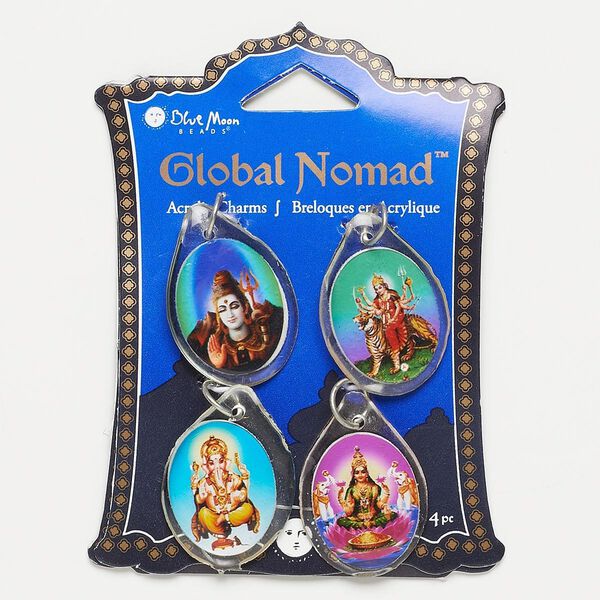 Focal, acrylic and steel, multicolored, 32x22mm flat teardrop with Hindu god designs. Sold per pkg of 4. image number 0
