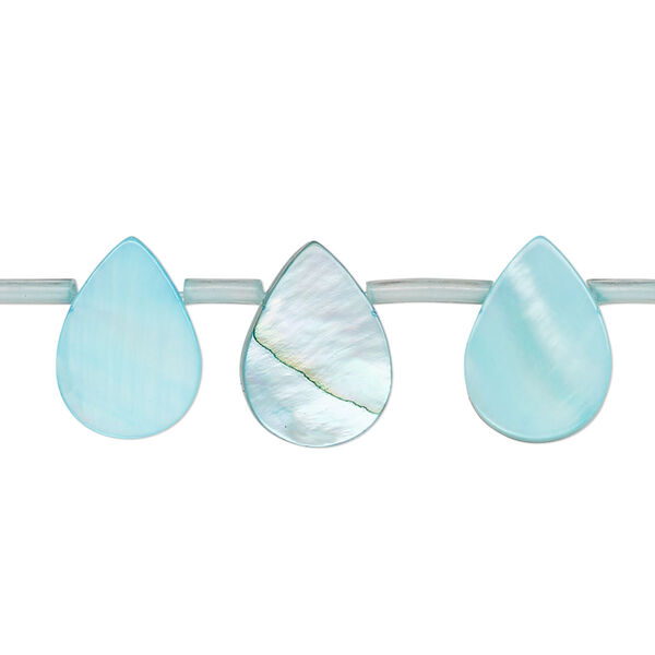 Bead, mother-of-pearl shell (dyed), blue, 14x6mm-14x10mm top-drilled flat teardrop, Mohs hardness 3-1/2. Sold per 15-inch strand, approximately 25 beads. image number 0