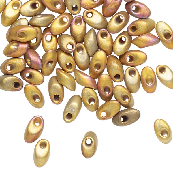 Seed bead, Miyuki, glass, pkg/10g, 7x4mm long magatama, opaque 24Kt gold-plated matte (LMA-191FR). image number 0