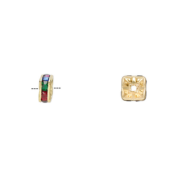 Bead, gold-finished brass and glass rhinestone, multicolored dark, 6x3mm squaredelle. Sold per pkg of 10. image number 0