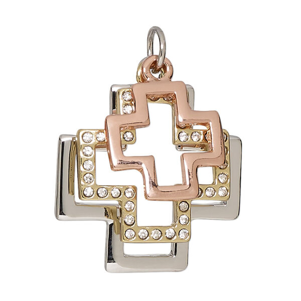 Drop, glass rhinestone / silver- / gold- / copper-finished "pewter" (zinc-based alloy), clear, 18x18mm / 22x22mm / 28x28mm Swiss cross. Sold individually. image number 0