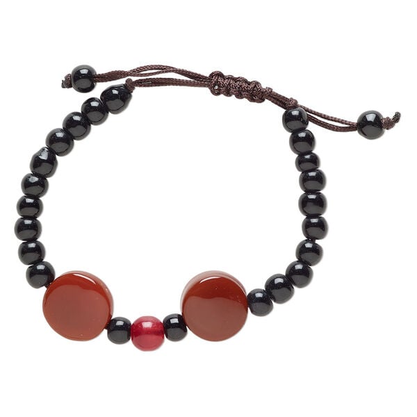 Bracelet, red agate (dyed/heated) / glass / waxed cotton, black and dark brown, 8m puffed flat round, 5 to 7-1/2 inches with adjustable slip knot closure. Sold individually. image number 0